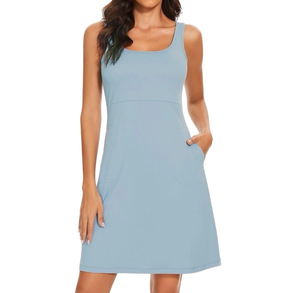 LightBare UPF 50+ Light Blue Sleeveless Tank Dress Pockets Medium Vacation